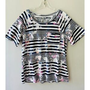 Calvin Klein Tee Shirt Scoop Neck Blouse Chest Pocket Tie Dye Striped Top Sz L